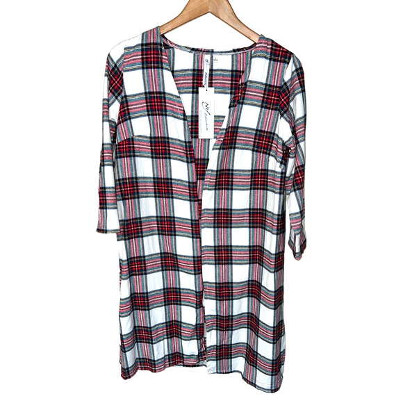 NY Collection Cardigan Jacket Womens Medium Flannel Plaid Duster Topper Lightwt - Picture 1 of 7